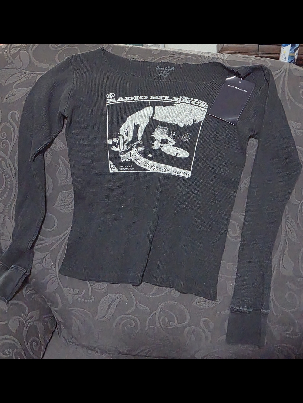 Mango Black Long Sleeve Graphic Ribbed Top